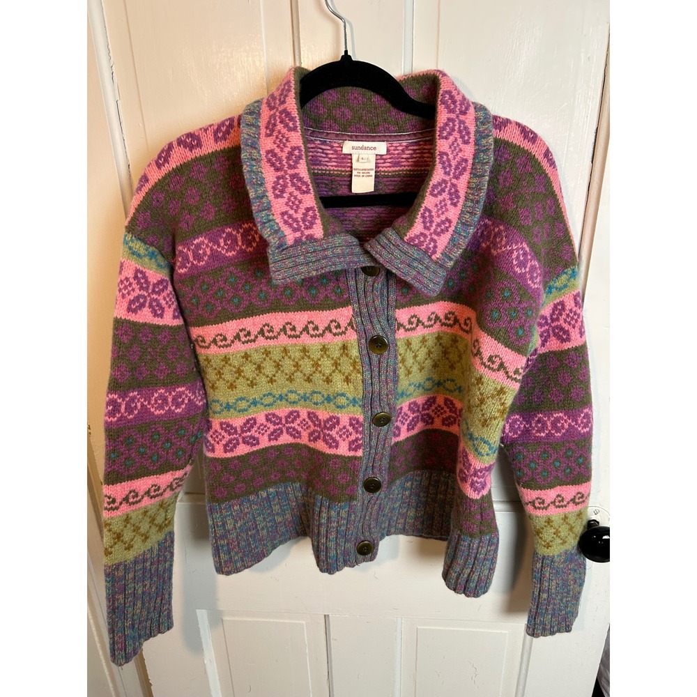 Sundance Womens Large Lambswool Fair Isle Button Front Cardigan Sweater Pink